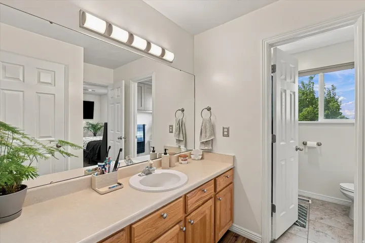 Bathroom vanity with a single basin sink, light-toned countertop, and wood-finish cabinetry