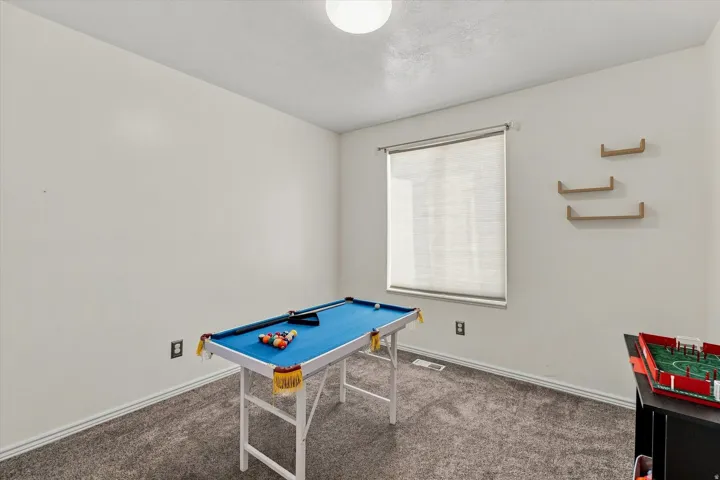 Neutral wall color, window with roller shade, ceiling-mounted light fixture, and plush carpeting
