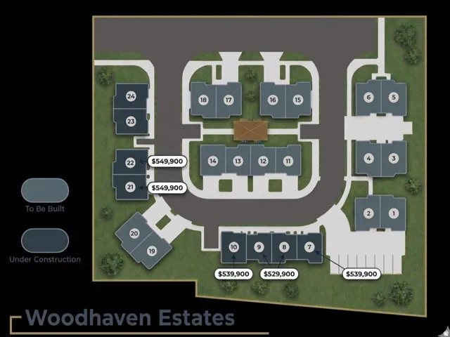 Woodhaven Estates Site Plan. Illustrating the layout and unit configuration of the residential development with pricing information for available lots