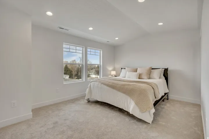 Recessed lighting, light gray carpeting, and two large windows with white trim