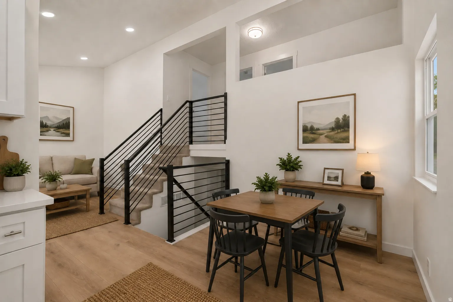 Open-concept living area featuring wood-finish flooring, recessed lighting, and a modern staircase with black metal railings