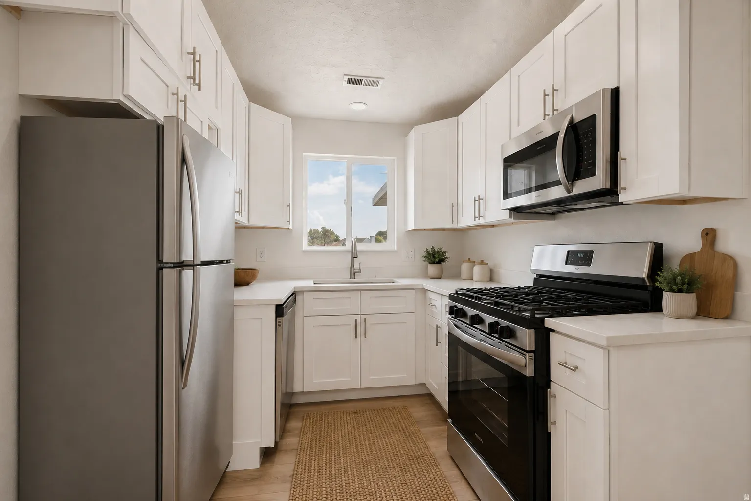 U-shaped kitchen featuring white cabinetry, stainless steel appliances, white countertops, and a window above the sink