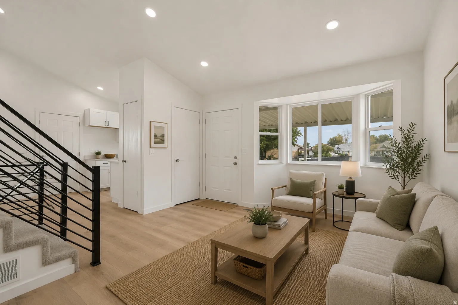 Recessed ceiling lighting, wood-finish flooring, bay window, built-in cabinetry, and a modern stair railing