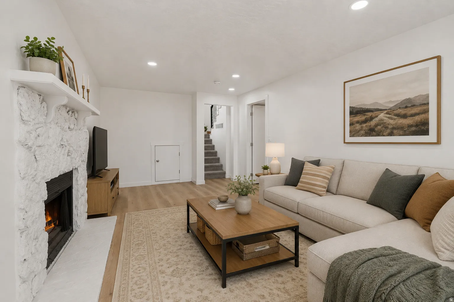Recessed lighting, wood-finish flooring, white stone-clad fireplace, built-in shelving, and staircase access