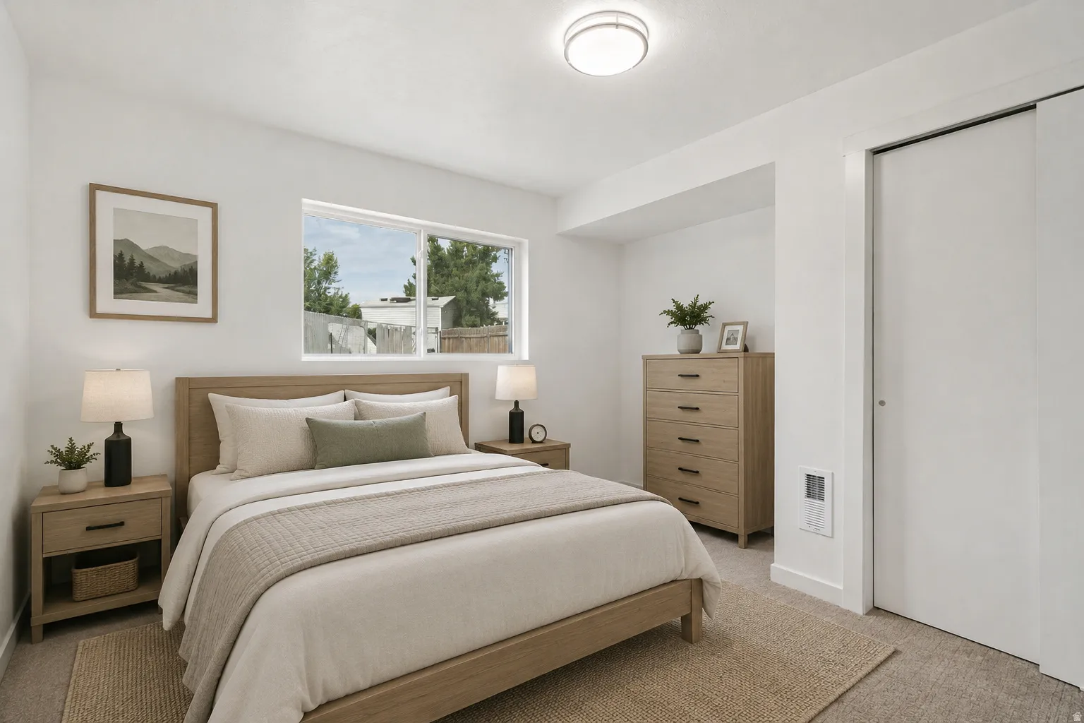 Bright bedroom featuring a large window, carpet flooring, a flush-mount ceiling light, and a built-in closet with sliding doors