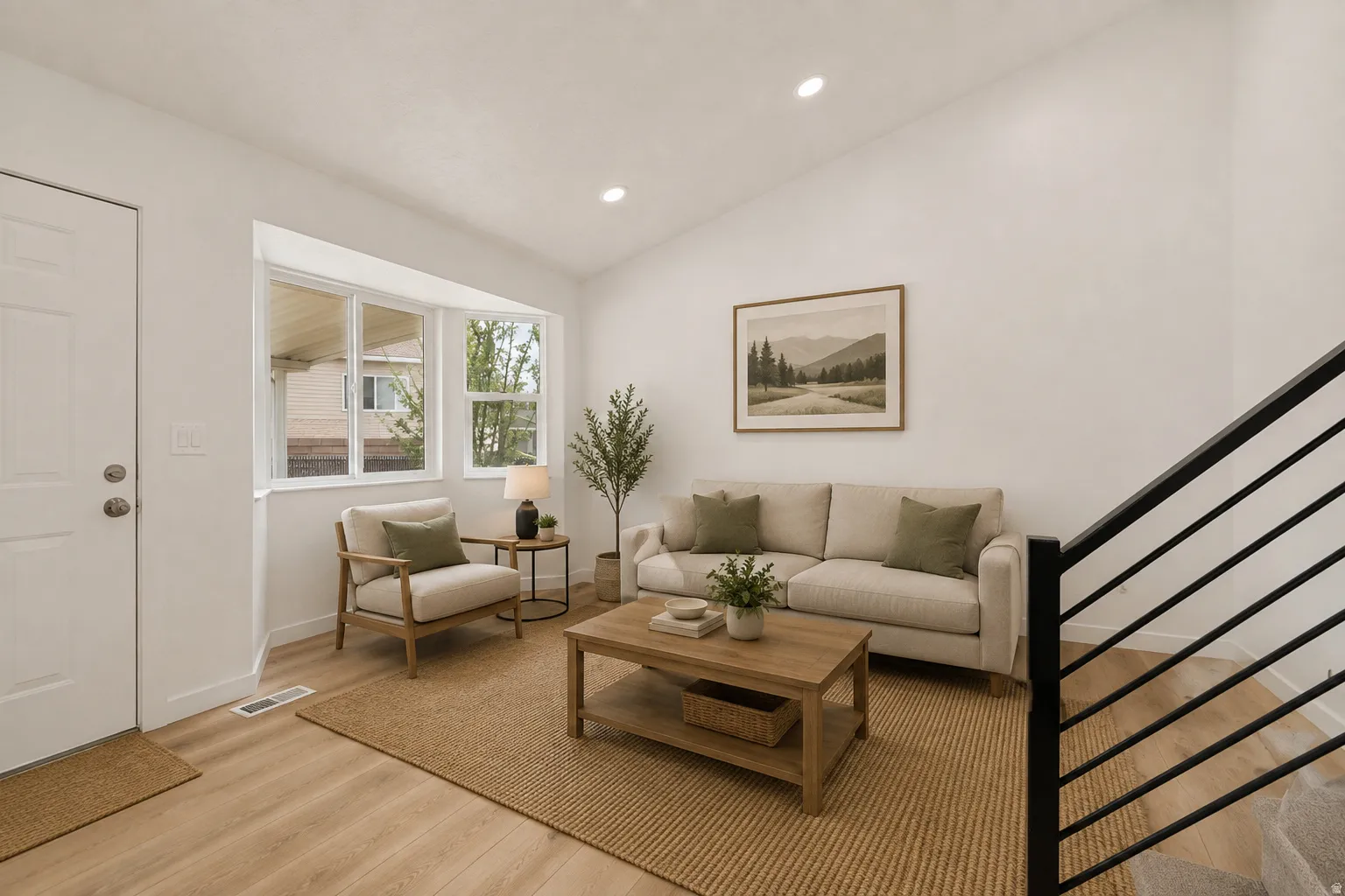 Hardwood-finish flooring, recessed lighting, bay window, and a black metal stair railing