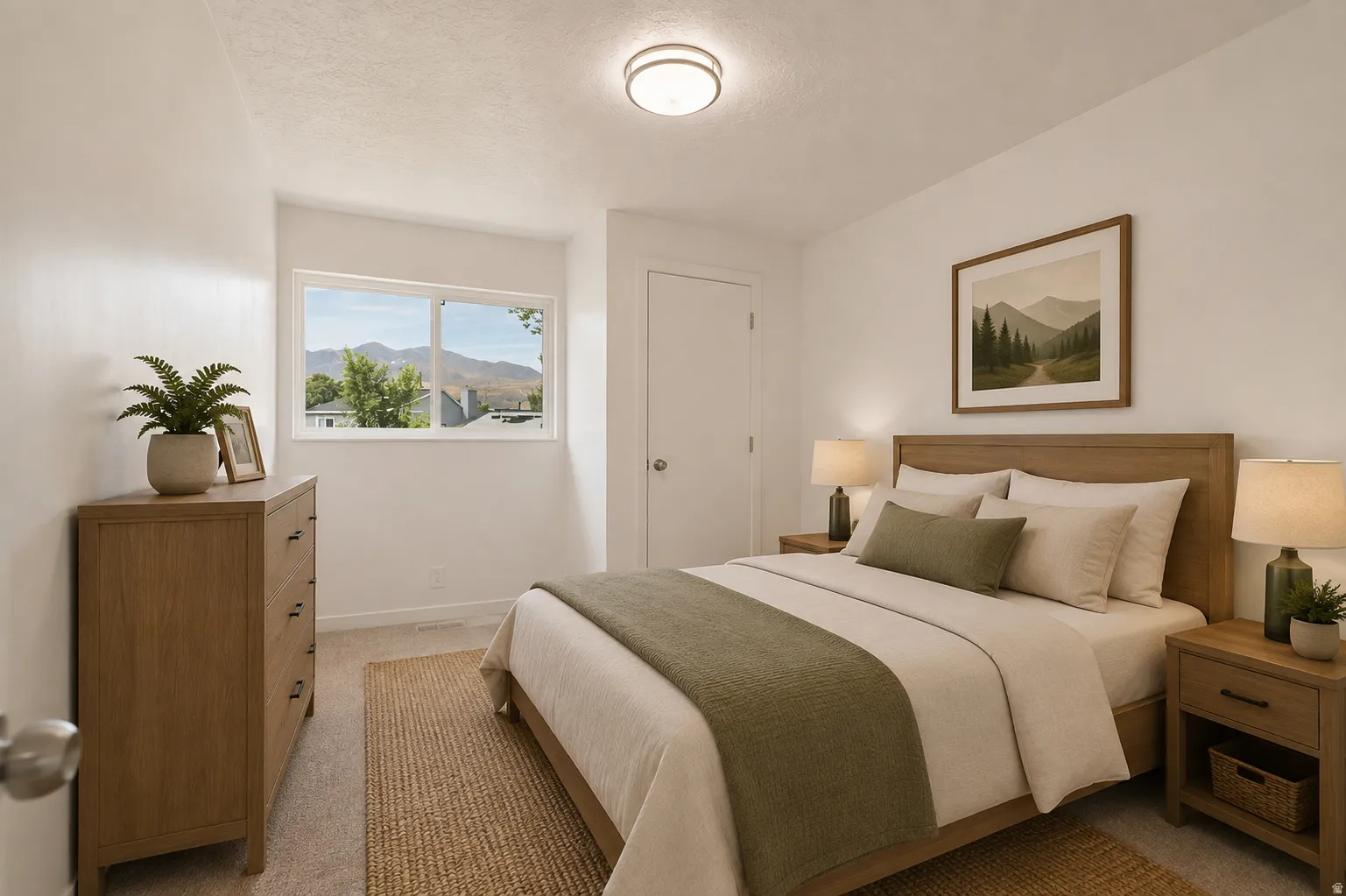 Light-filled room with a window, showcasing mountain scenery