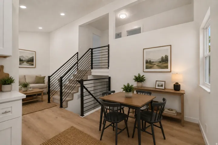 Open-concept living area featuring wood-finish flooring, recessed lighting, and a modern staircase with black metal railings