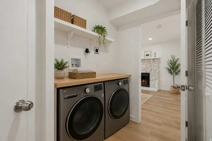 Dedicated laundry area with a wood-finish countertop, dual open shelving, and light wood-finish flooring