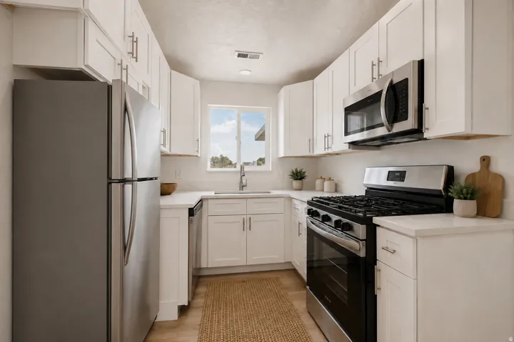 U-shaped kitchen featuring white cabinetry, stainless steel appliances, white countertops, and a window above the sink