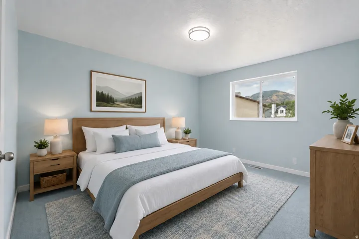 Recessed lighting, light blue wall color, light blue carpeting, and a window with mountain scenery