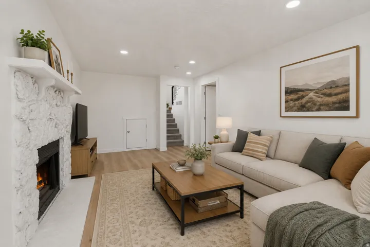 Recessed lighting, wood-finish flooring, white stone-clad fireplace, built-in shelving, and staircase access