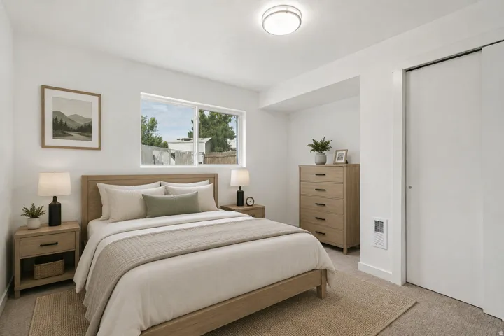 Bright bedroom featuring a large window, carpet flooring, a flush-mount ceiling light, and a built-in closet with sliding doors