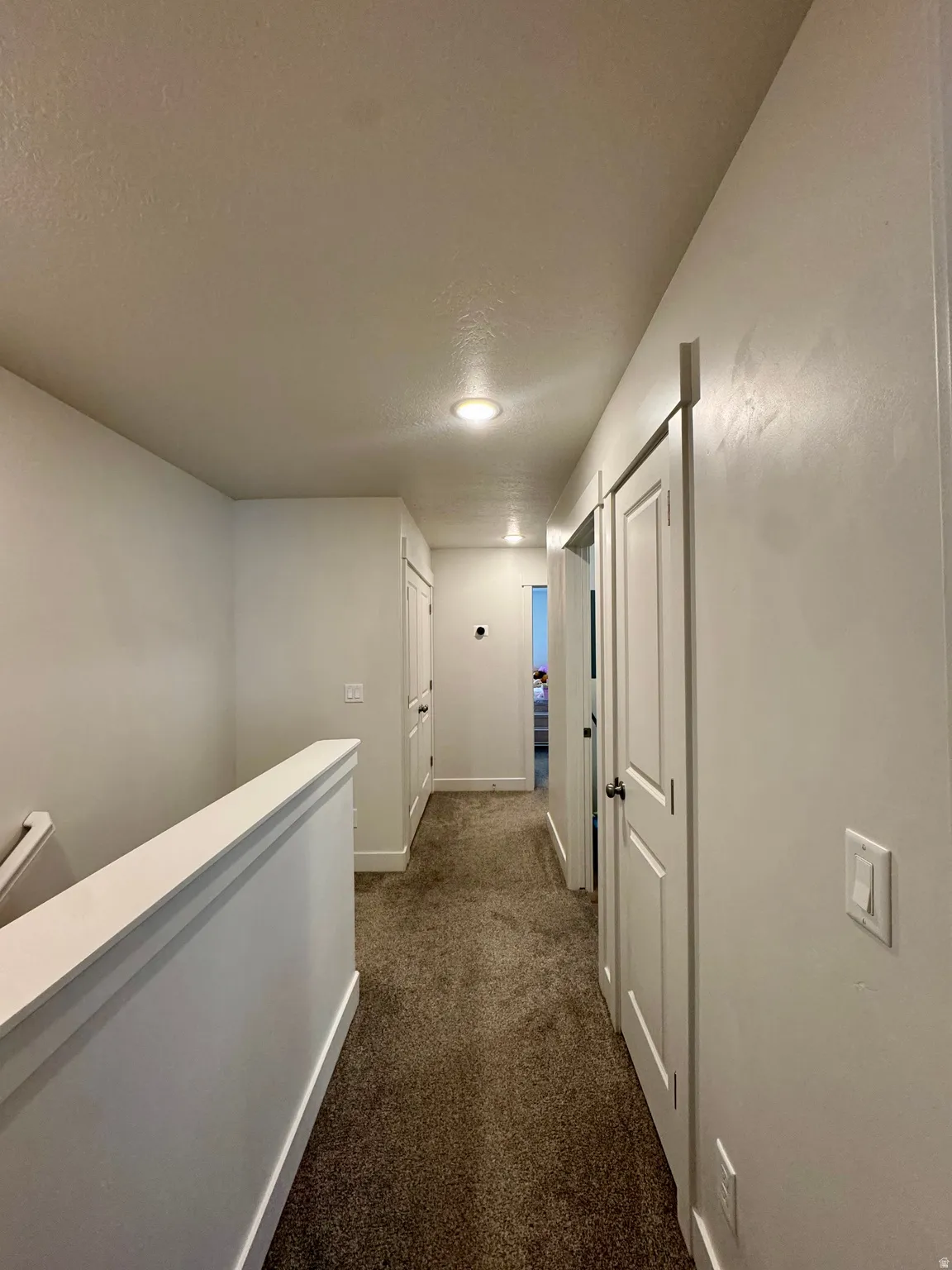 Carpeted hallway featuring white painted walls and multiple interior doors