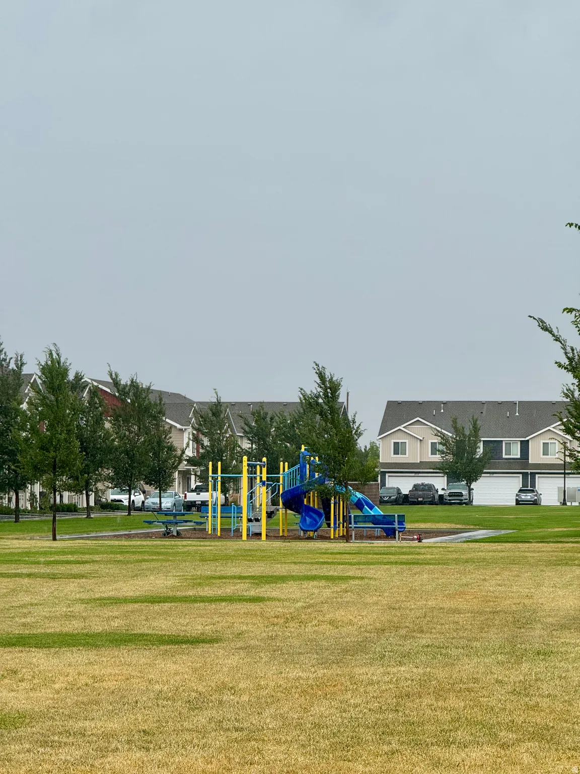 Expansive green space featuring a playground with slides and climbing structures