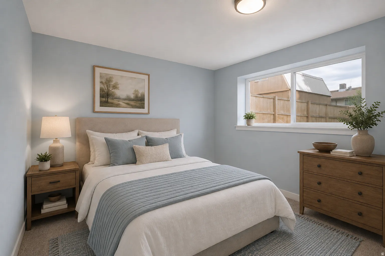 Light blue walls, white trim, recessed lighting, and a large window