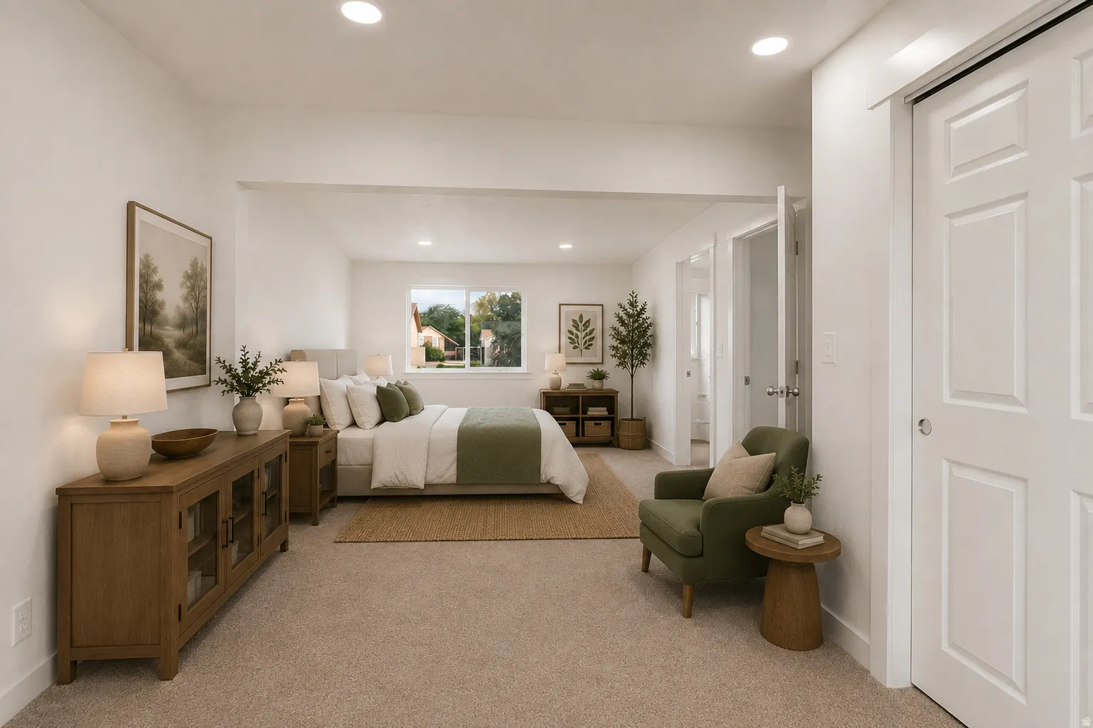 Recessed ceiling lighting, wall-to-wall carpeting, window with outdoor scenery, interior doors with paneling, and an open-concept room design
