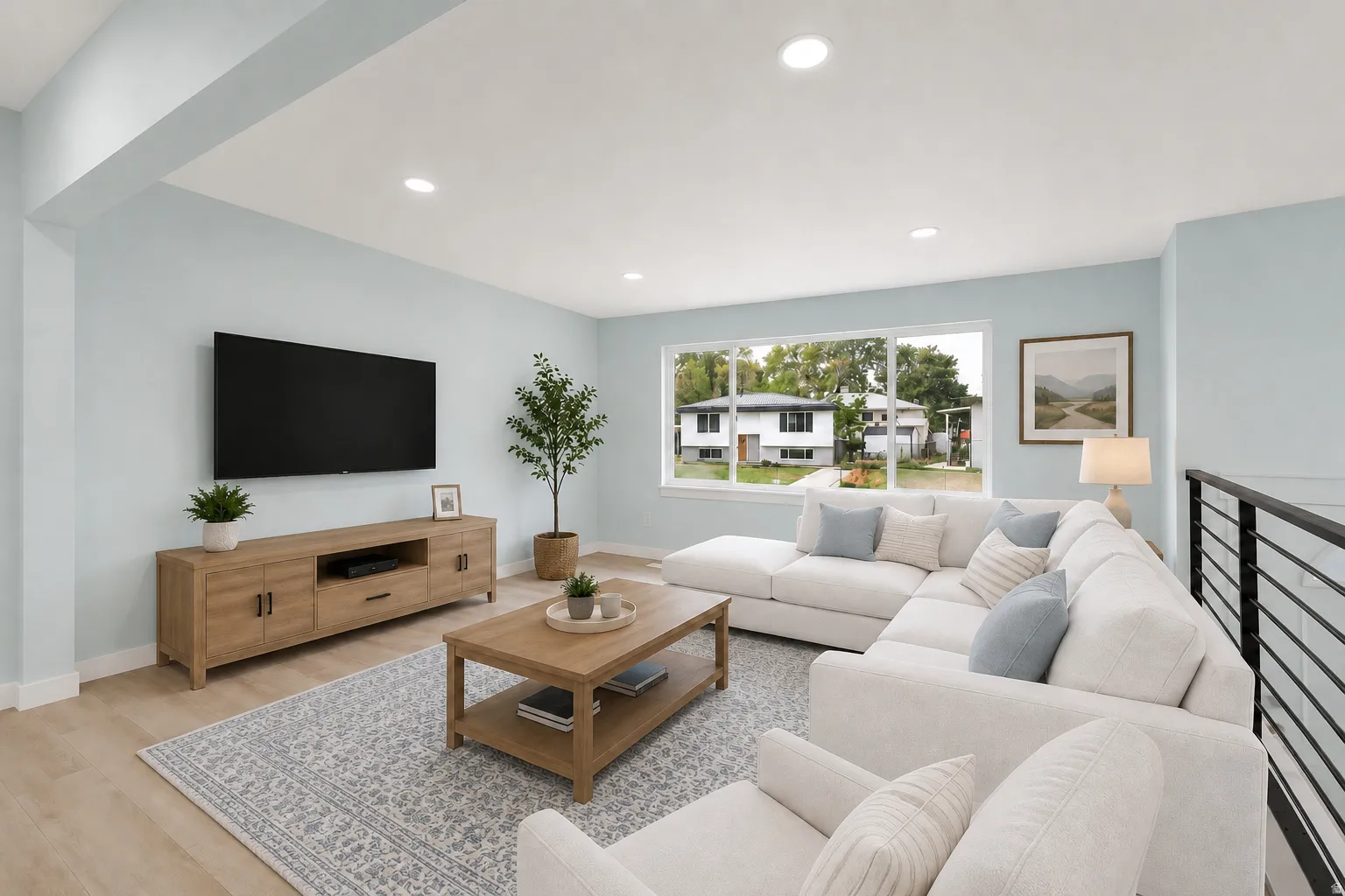 Recessed lighting, wood-finish flooring, and a large picture window