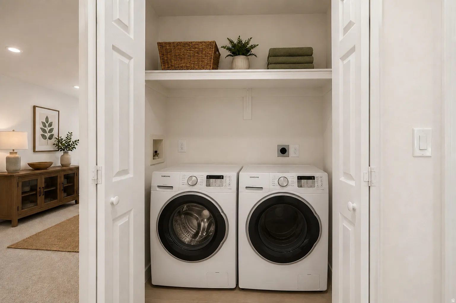 Integrated laundry closet featuring a built-in shelf and light-toned flooring