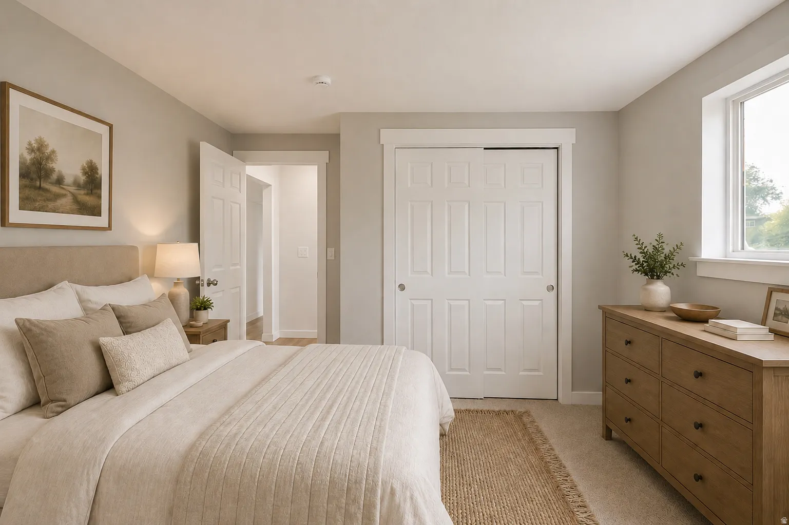 Carpeted bedroom with a built-in closet, a window with exterior views, and a paneled door