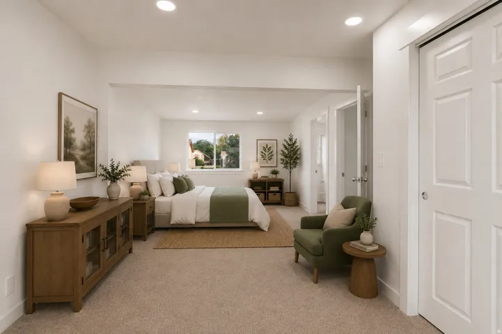 Recessed ceiling lighting, wall-to-wall carpeting, window with outdoor scenery, interior doors with paneling, and an open-concept room design