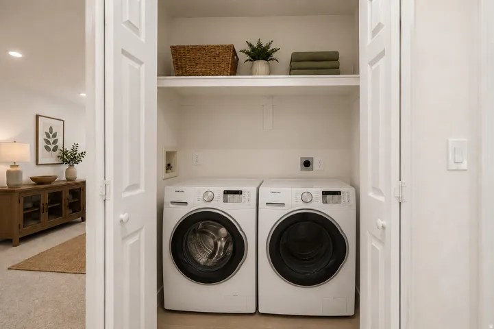 Integrated laundry closet featuring a built-in shelf and light-toned flooring