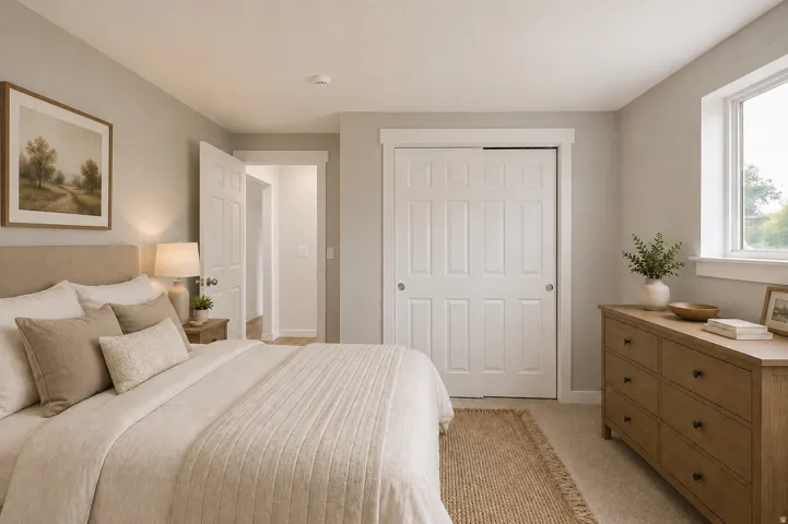 Carpeted bedroom with a built-in closet, a window with exterior views, and a paneled door
