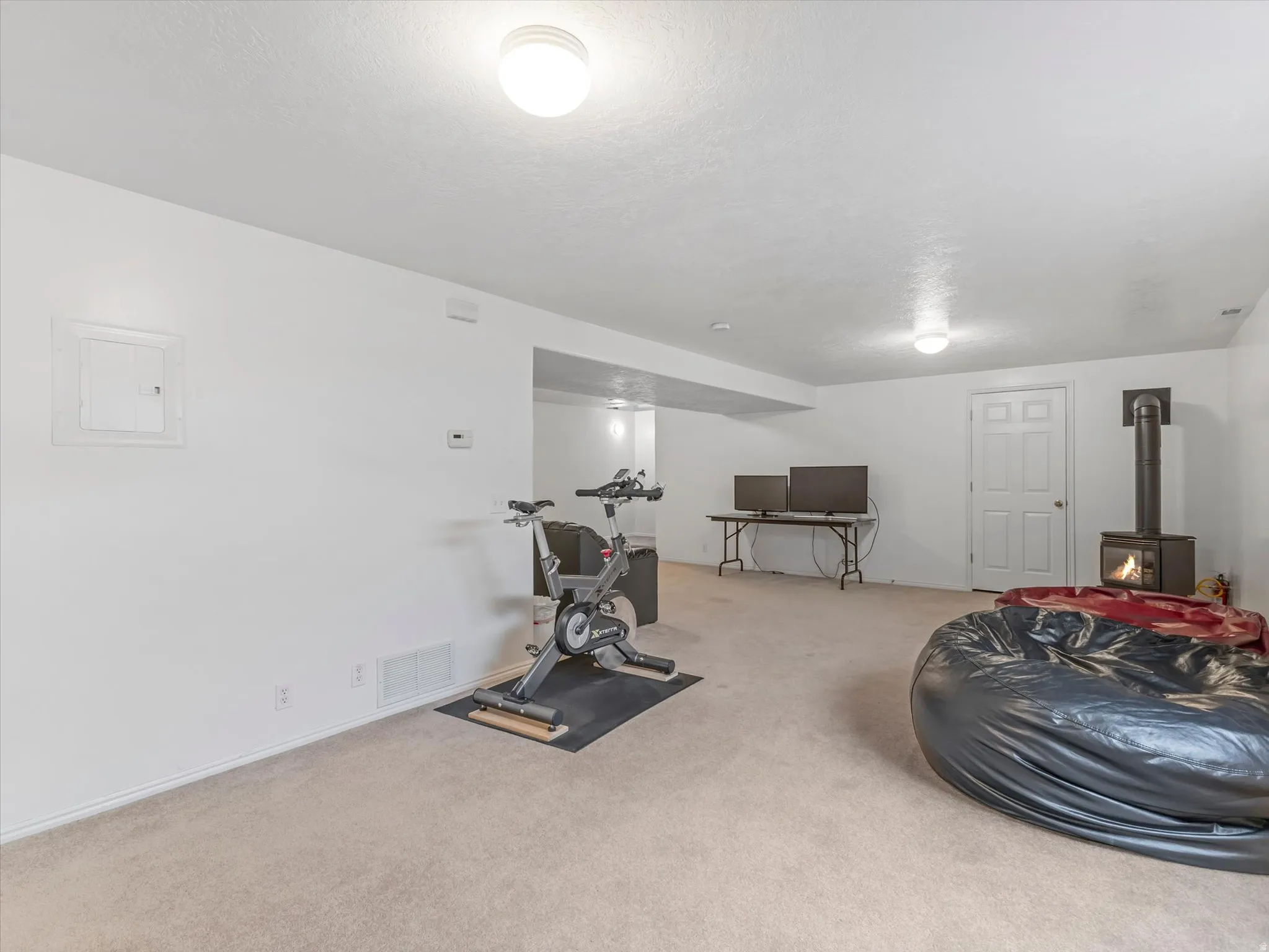 Carpeted flooring, white painted walls, and ceiling-mounted light fixtures