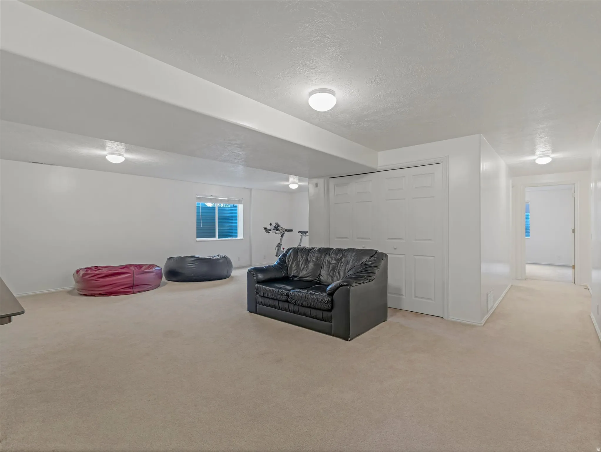 Spacious carpeted area with white walls, ceiling-mounted lighting, and a window with blinds