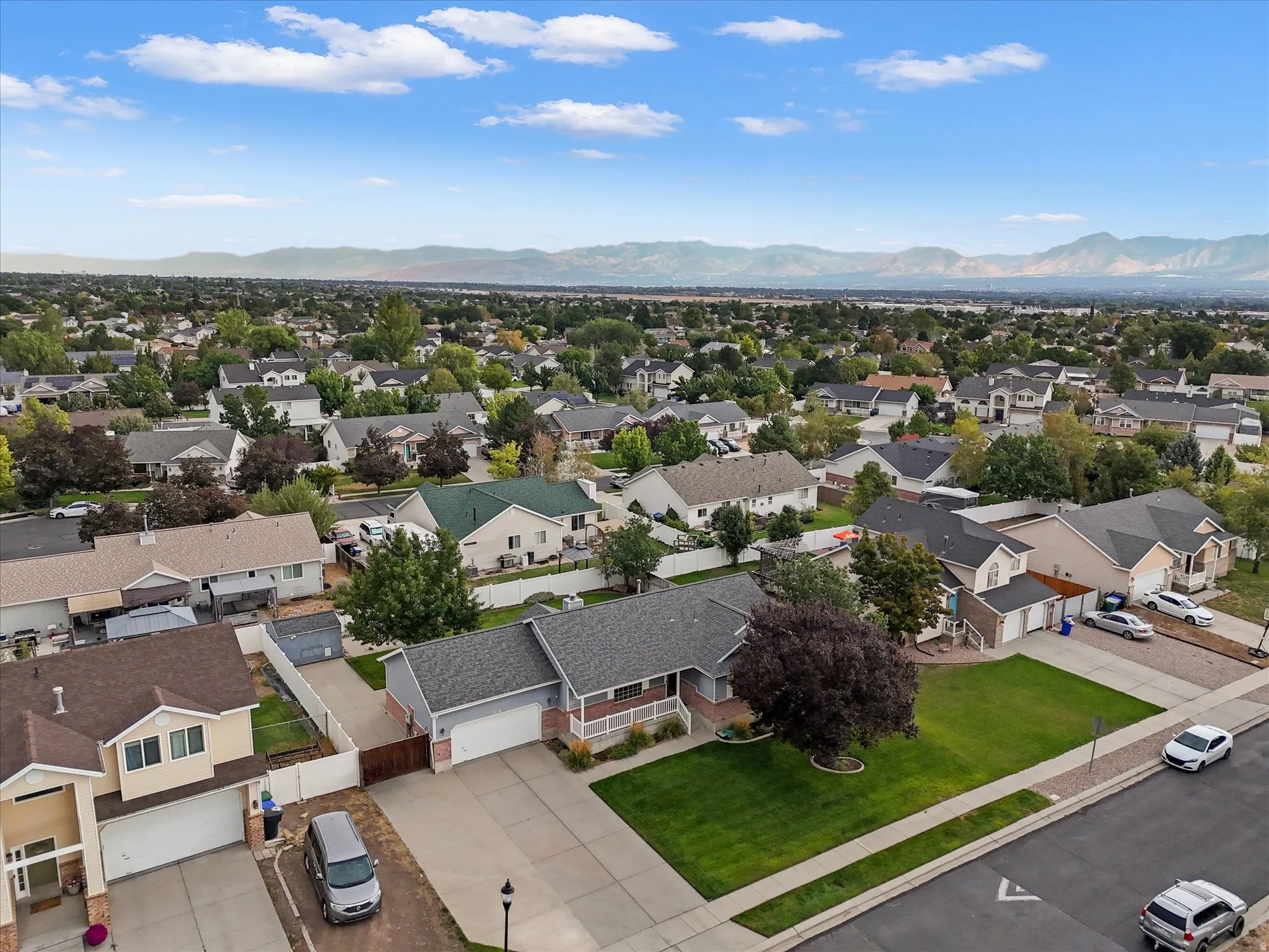 Spacious lot featuring a manicured lawn, paved driveway, and established trees