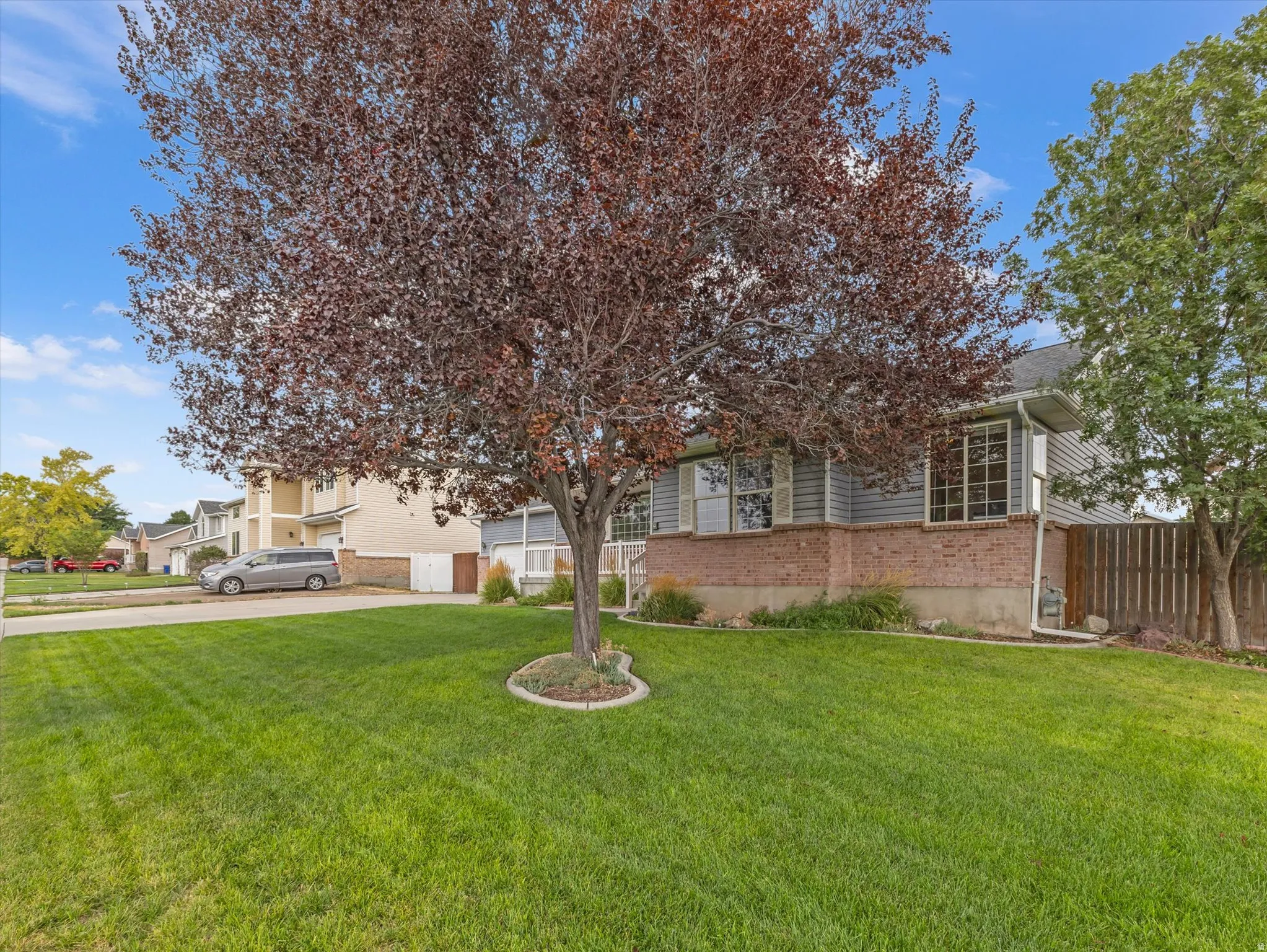 Manicured lawn, mature tree, brick facade, horizontal siding, and multiple windows