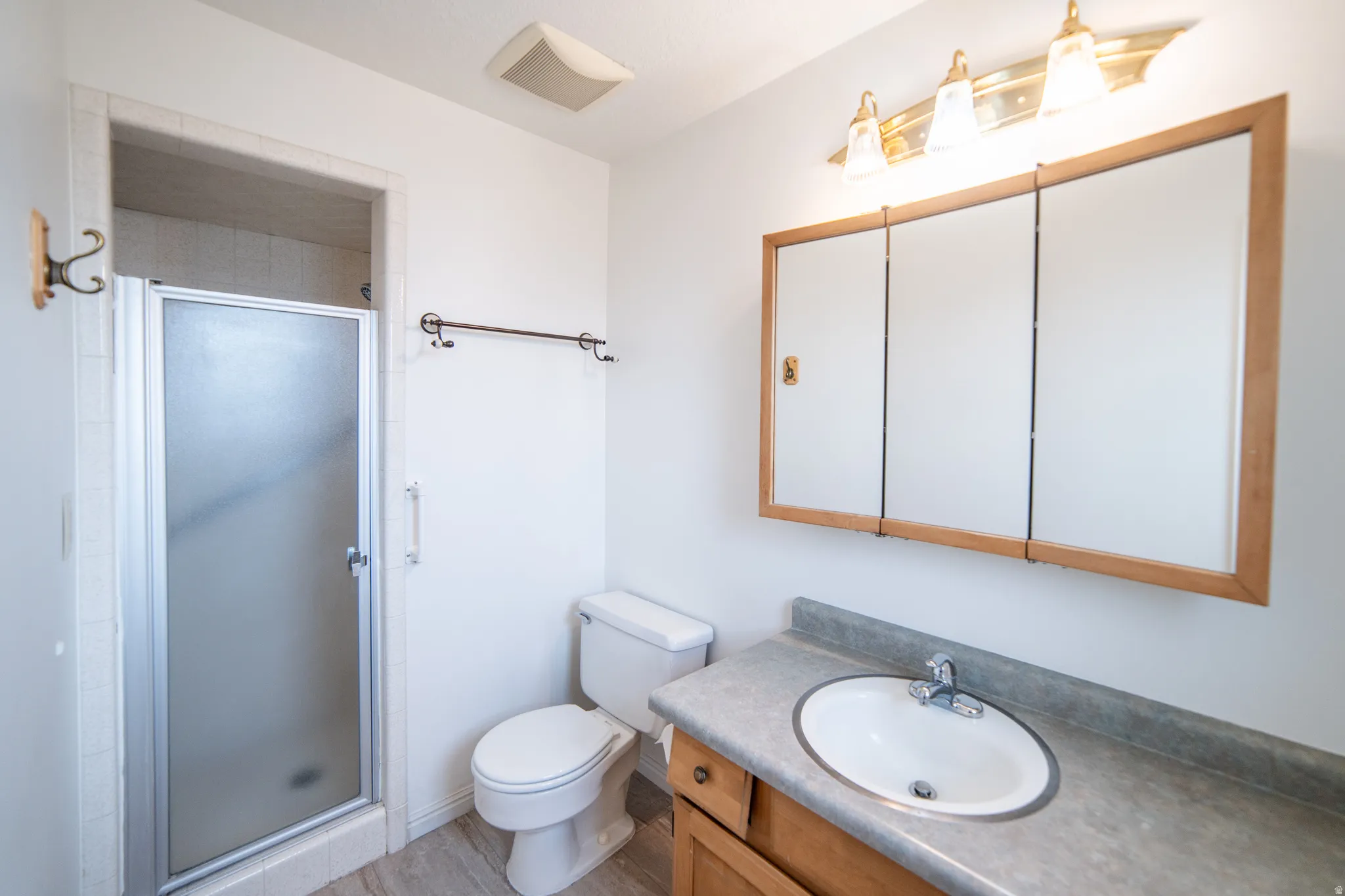 Frosted glass shower enclosure, vanity and integrated sink, wood-finish cabinetry, tri-fold mirrored medicine cabinet, and wall-mounted light fixture.