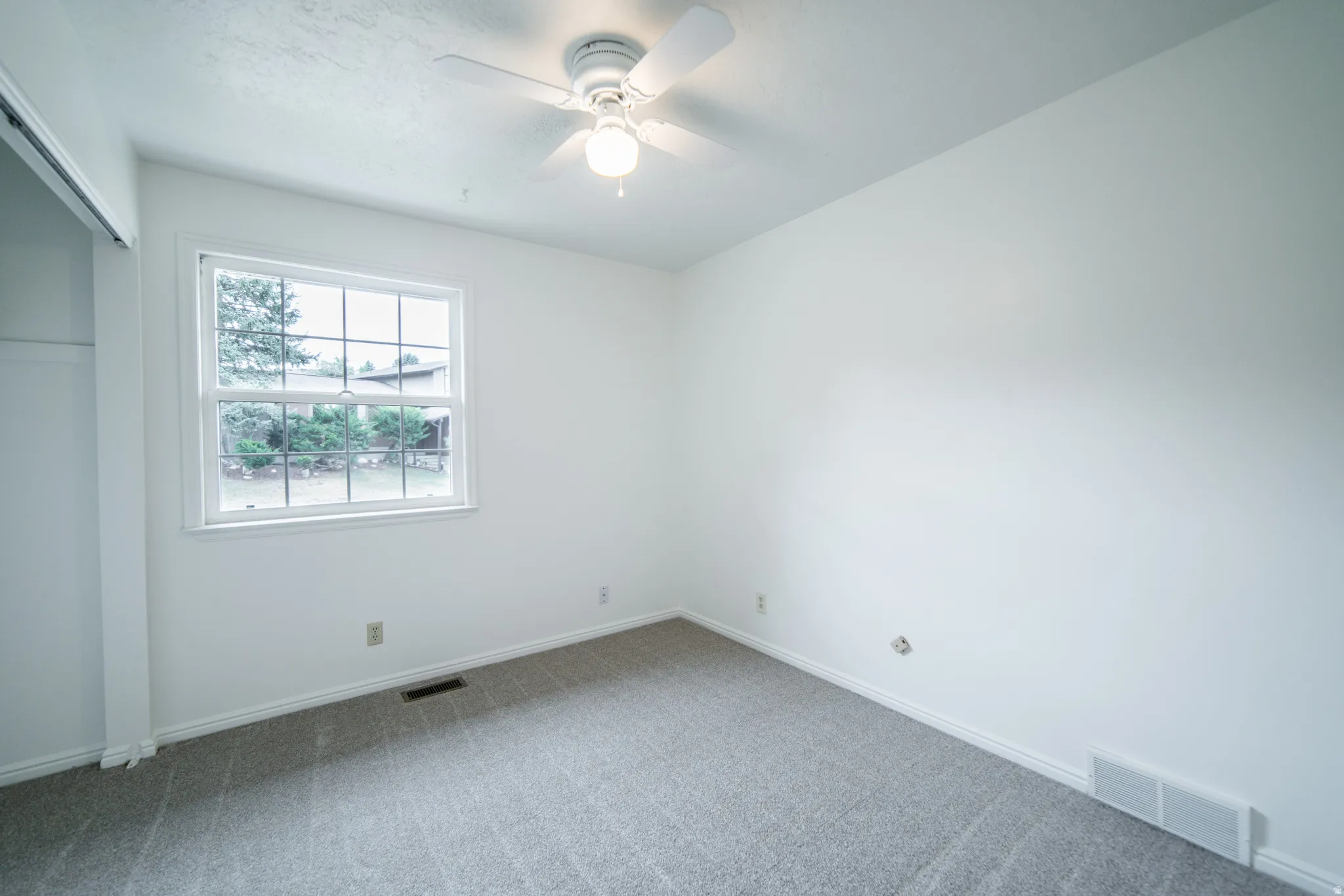 Bright, light-filled bedroom showcasing a large multi-pane window with natural outdoor scenery, neutral wall finishes, neutral-toned carpet flooring, and a ceiling fan with integrated lighting fixture