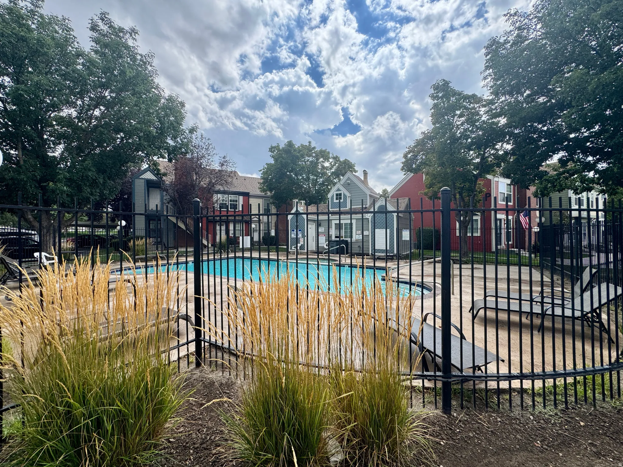 Outdoor swimming pool with surrounding black metal fencing and concrete decking