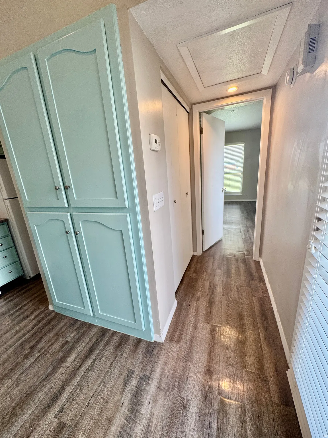 Wood-finish flooring throughout, light blue cabinetry with curved detailing, and a hallway with a built-in closet