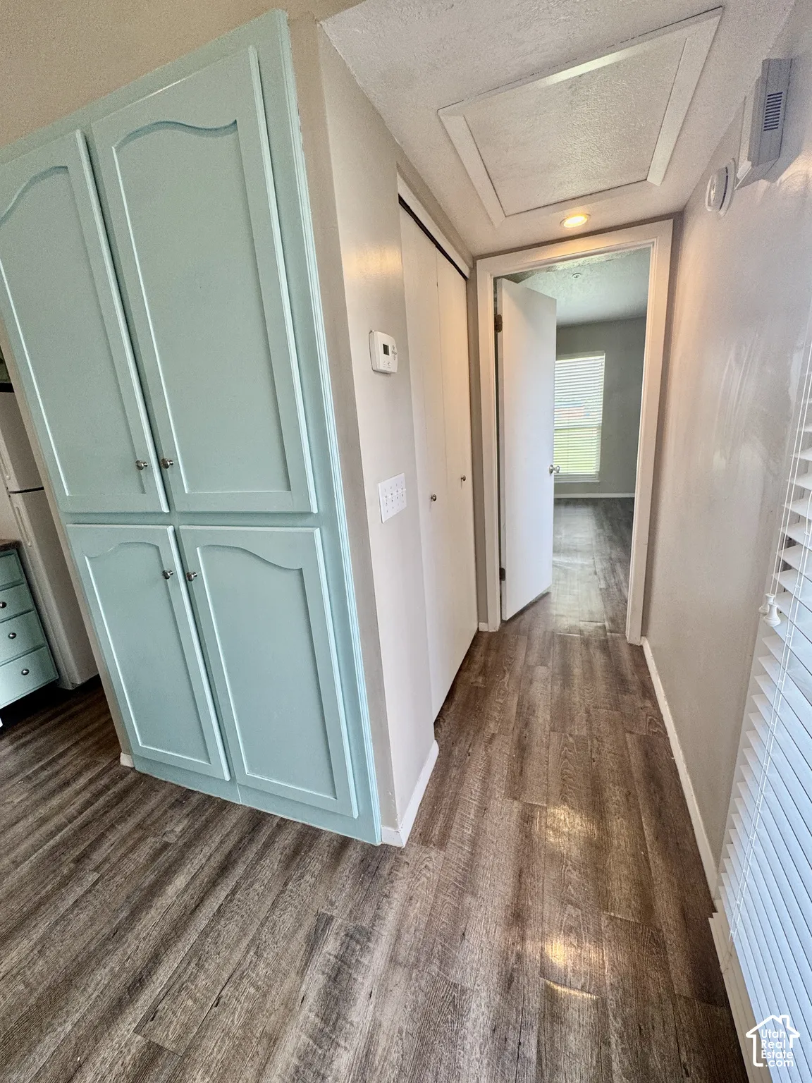 Wood-finish flooring throughout, light blue cabinetry with curved detailing, and a hallway with a built-in closet