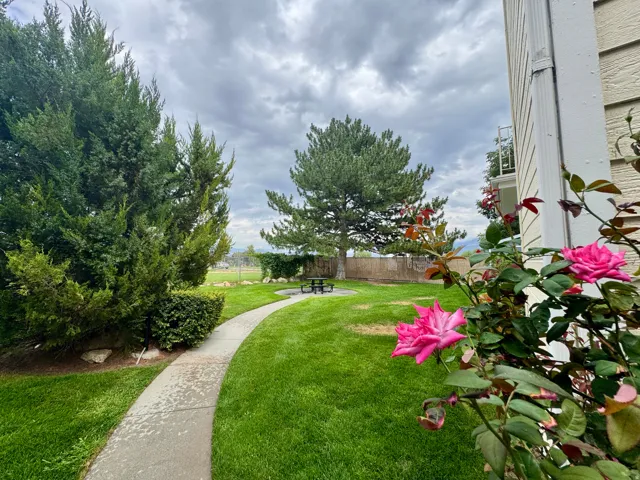 Expansive lawn featuring mature trees and established landscaping