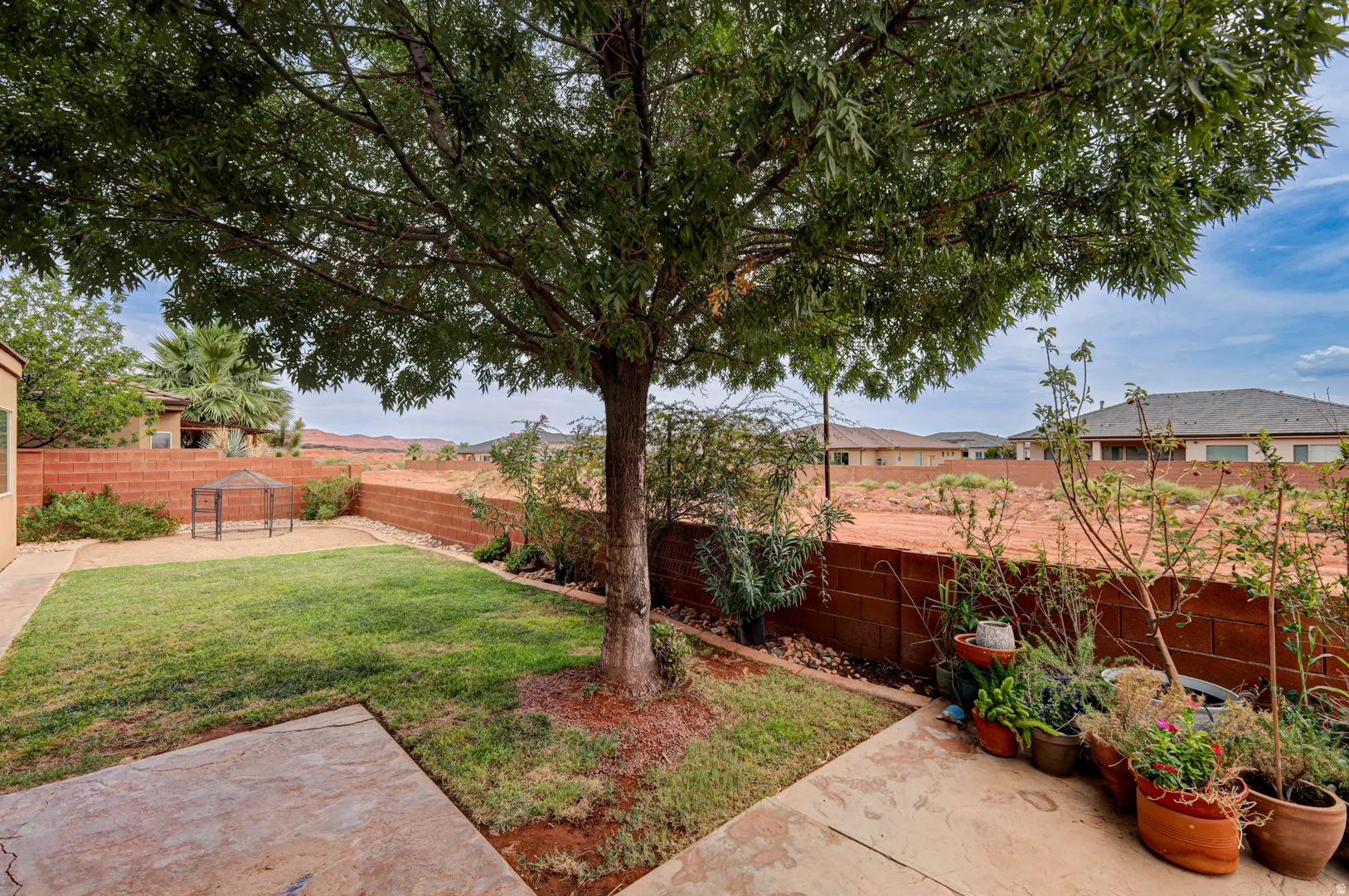 Grassed backyard area featuring a mature shade tree, a concrete patio, and a block wall perimeter