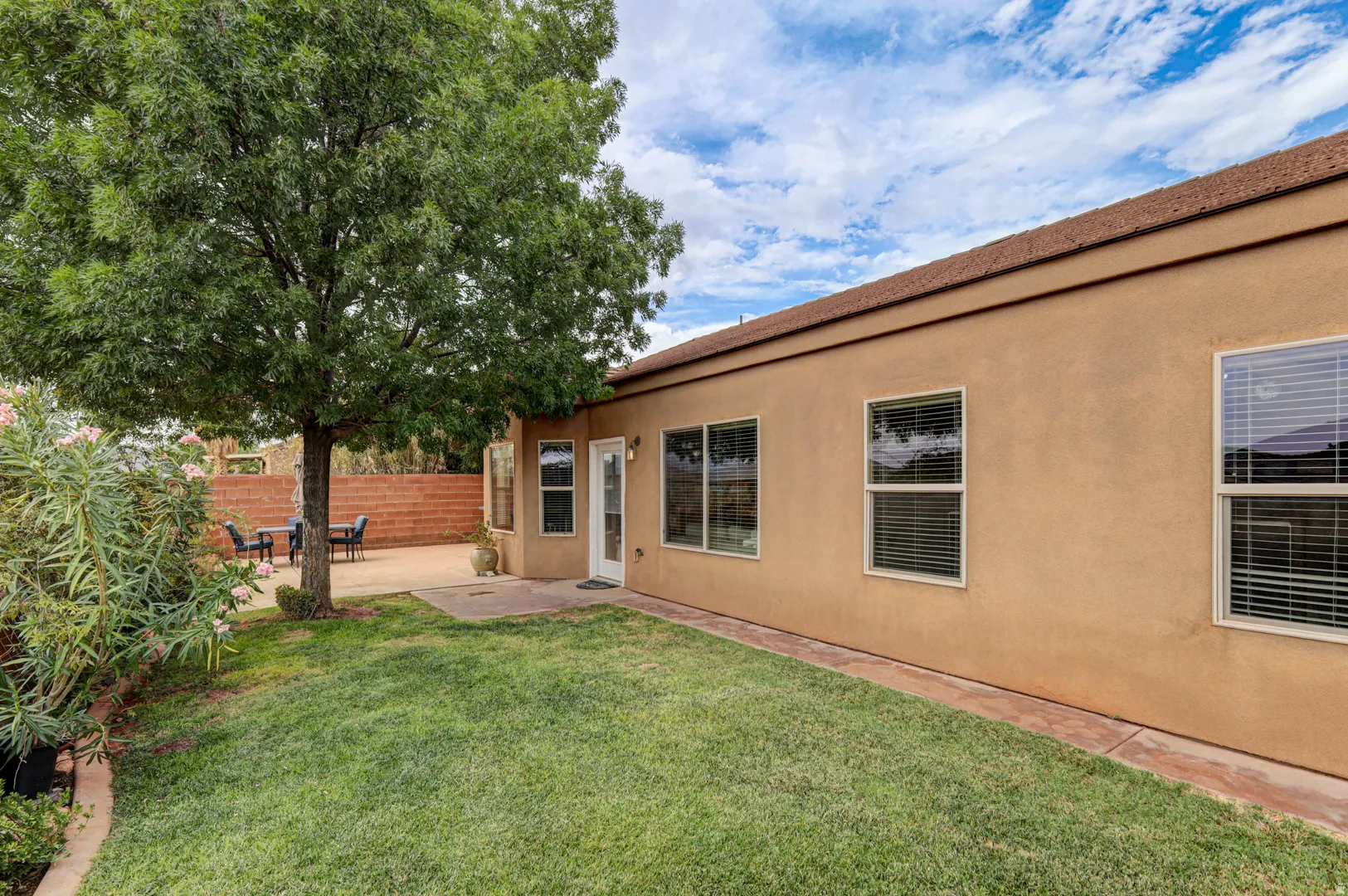 Expansive lawn area with a mature tree, stone patio, stucco exterior, multiple windows, and a rear entry door