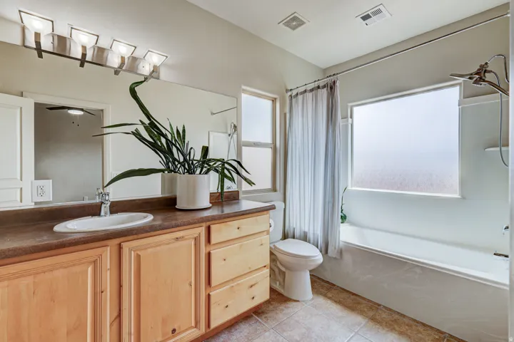 Bathroom featuring a dual-sink wood vanity with a single basin, a full-width wall mirror, and a bathtub with an integrated shower