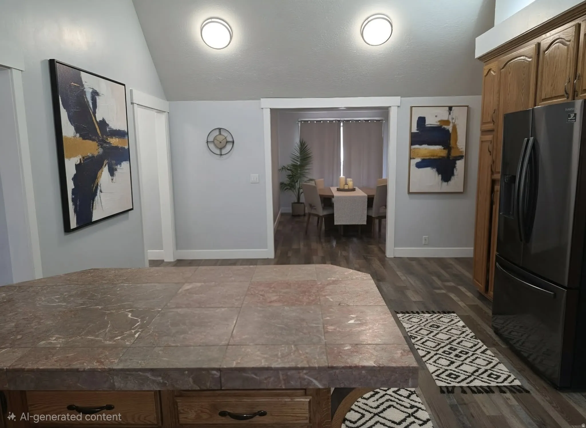 Kitchen island featuring a tiled countertop and base cabinetry