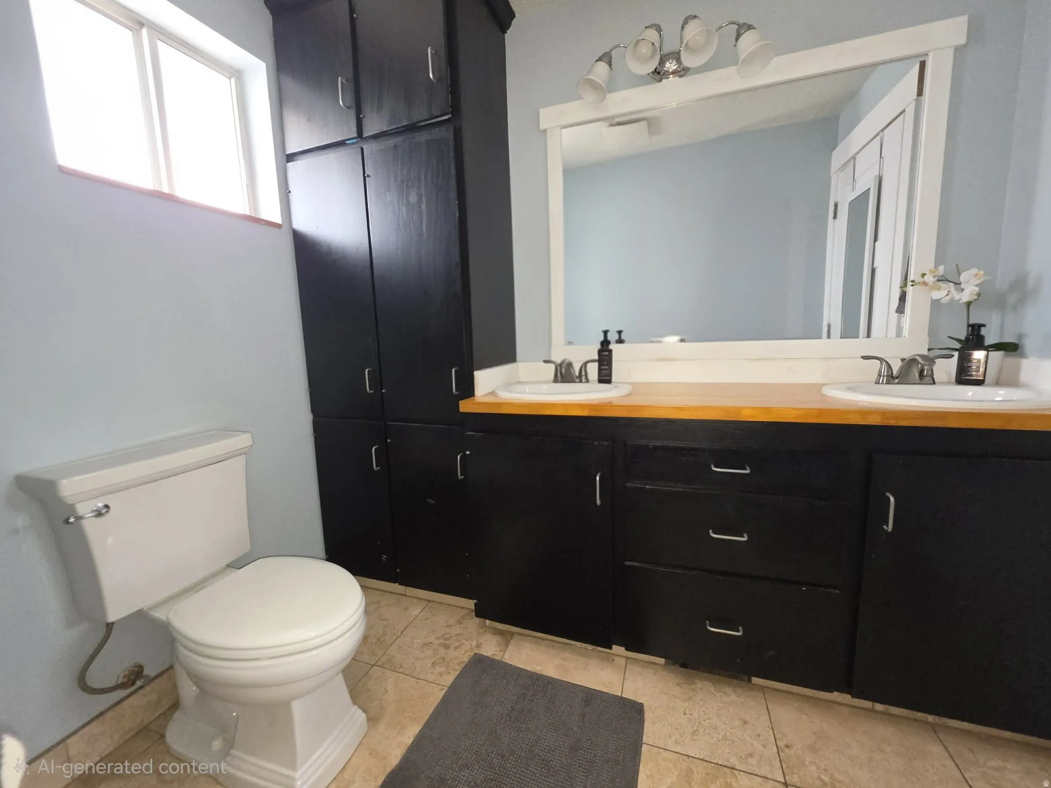 Dual vanity with wood-finish countertop and undermount sinks