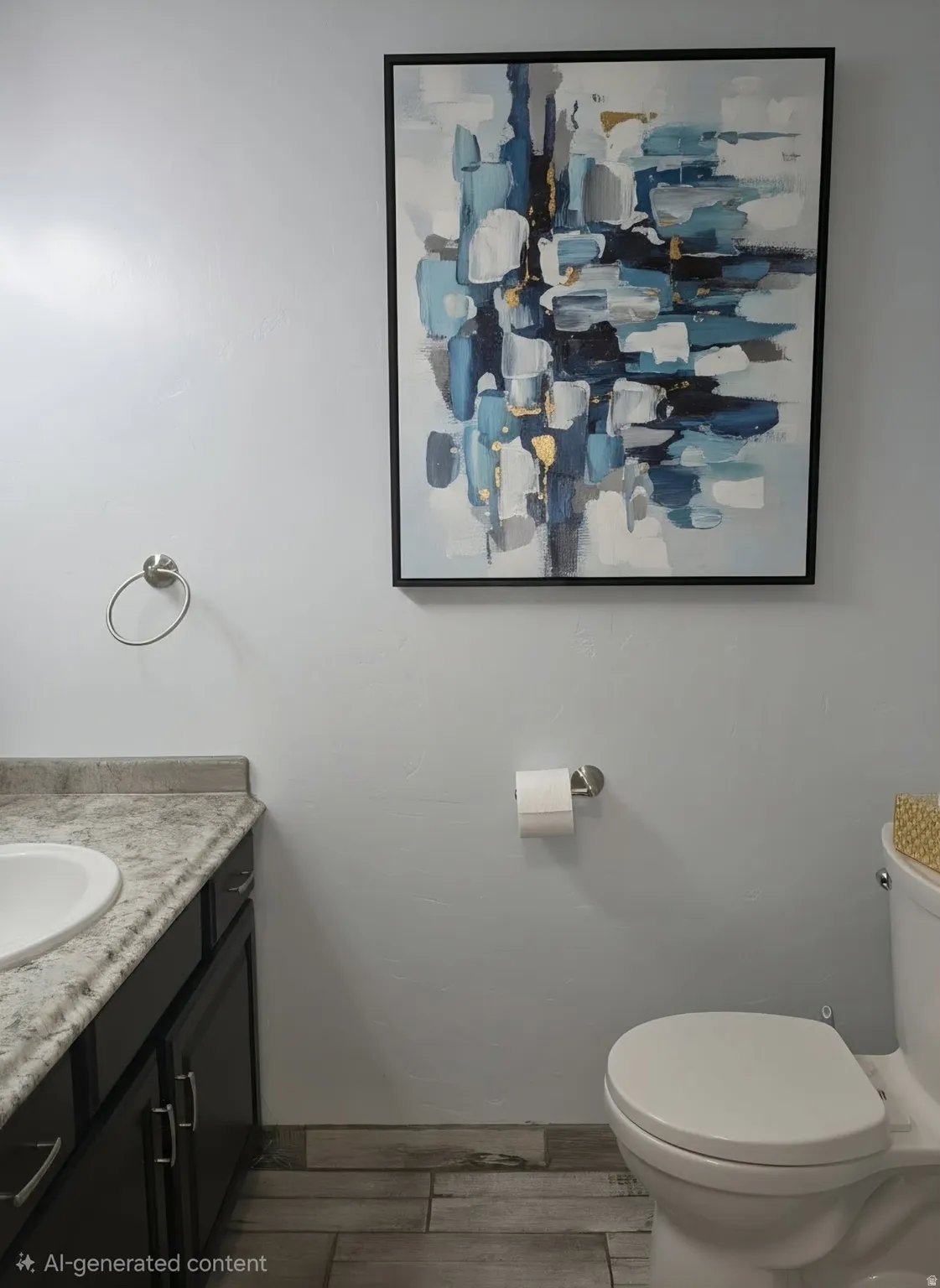 Vanity with a white sink, dark wood-finish cabinetry, and a light-toned countertop
