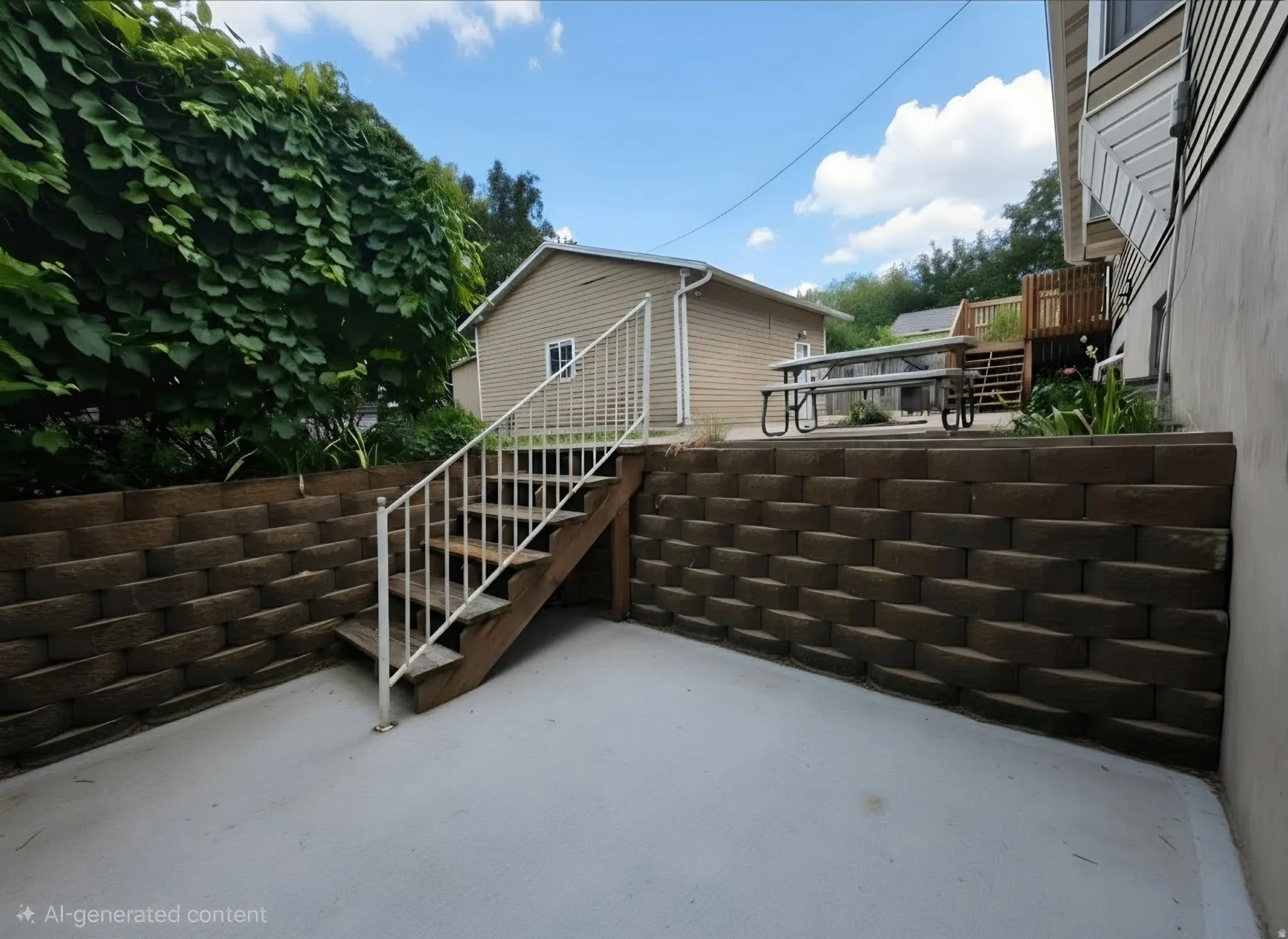 Concrete patio with a retaining wall, wooden staircase with metal railing, and a separate detached structure