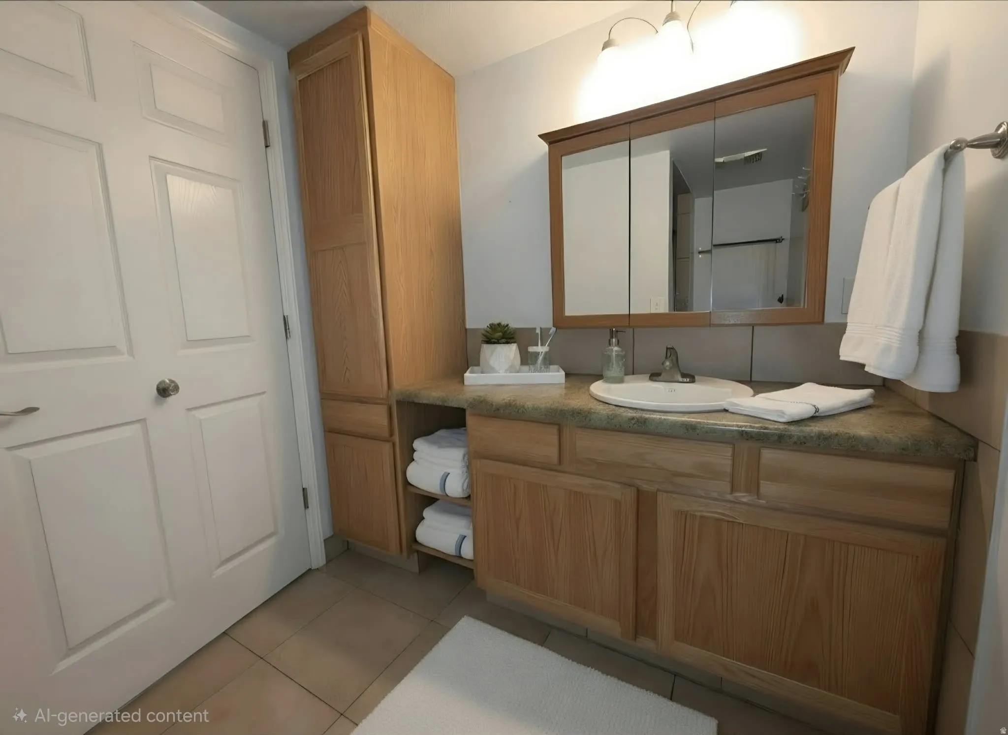 Vanity with an integrated sink, wood-finish cabinetry, and an overhead medicine cabinet with a wood-finish frame