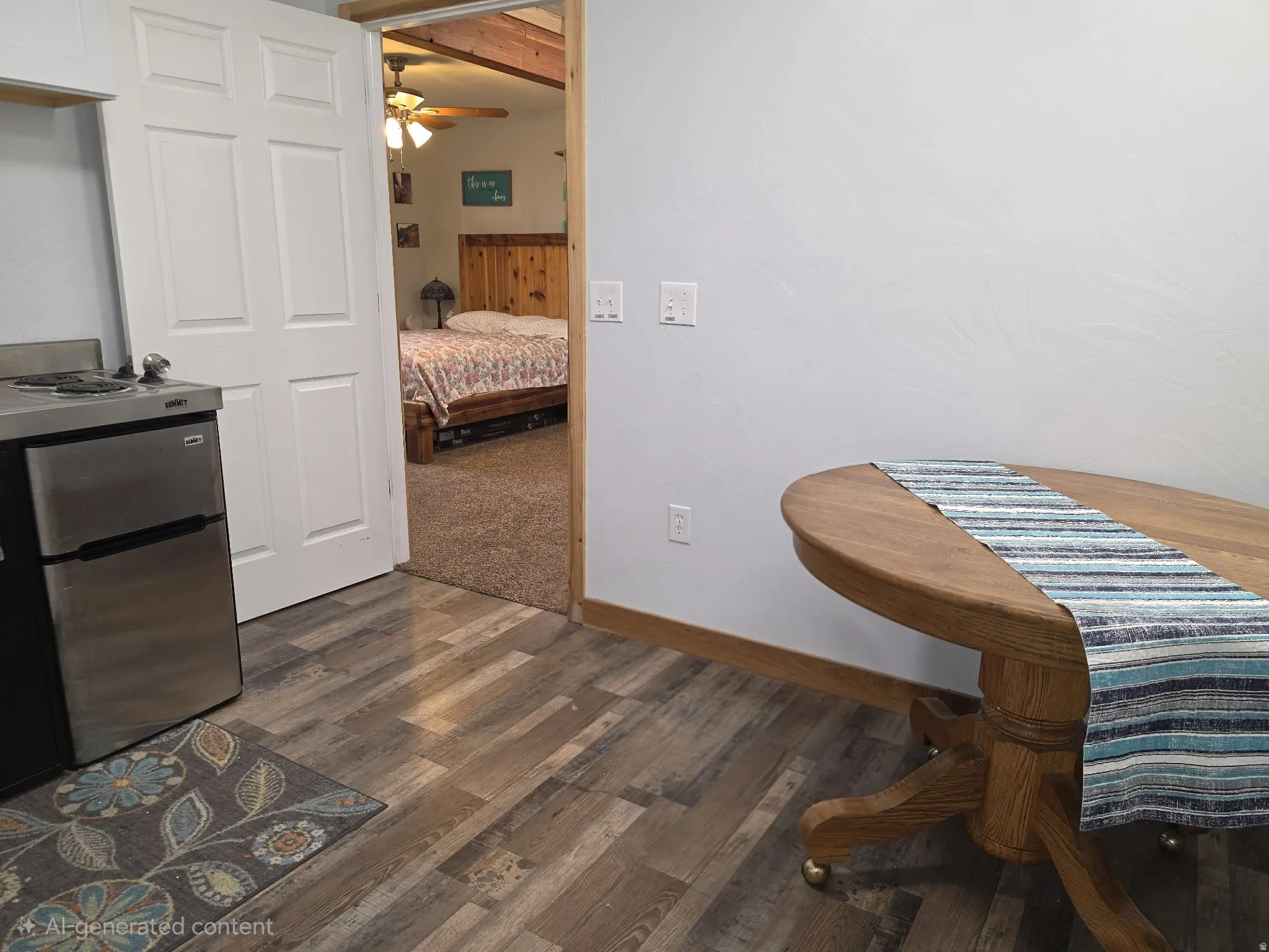 Wood-finish flooring, compact stainless steel refrigerator, white paneled door, wood beam ceiling, and a ceiling fan