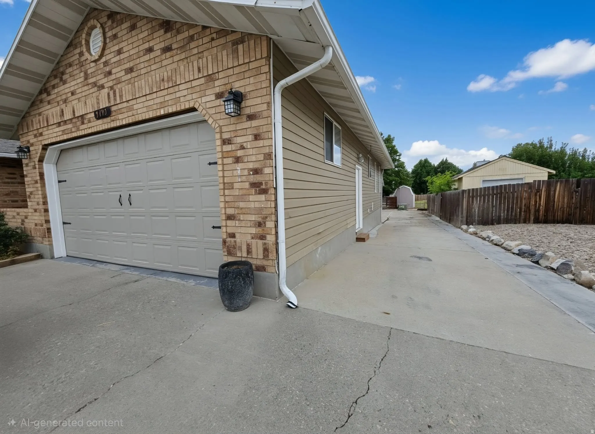 Brick and siding exterior with an attached garage, featuring a concrete driveway and an extended concrete pad