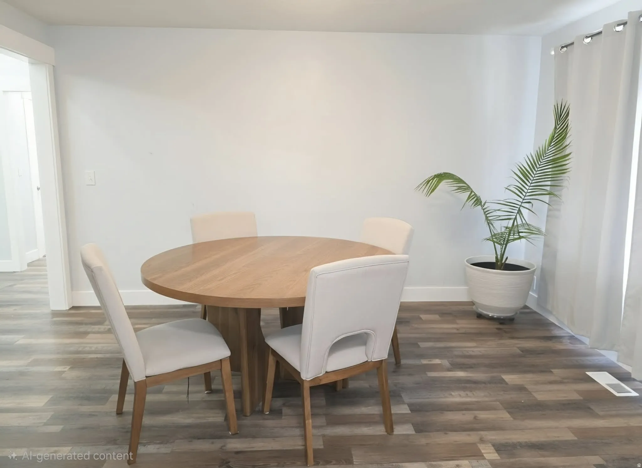 Wood-finish flooring throughout the space