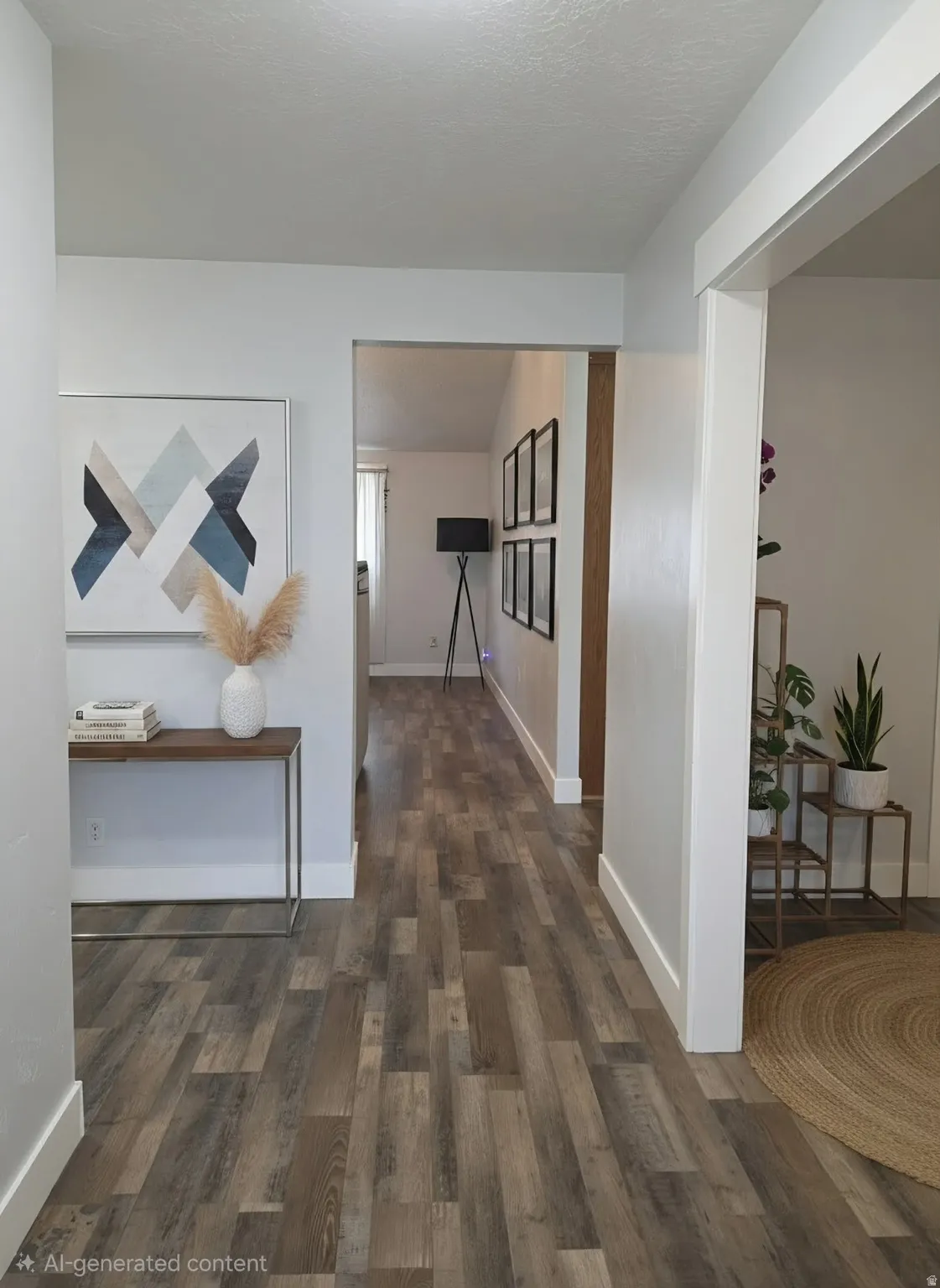 Wood-finish flooring throughout, white wall finishes, and open archways