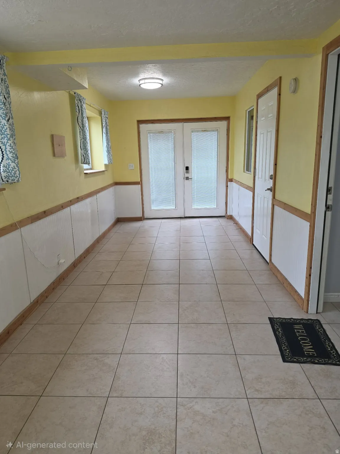 Tiled flooring throughout, featuring wainscoting and natural wood trim accents